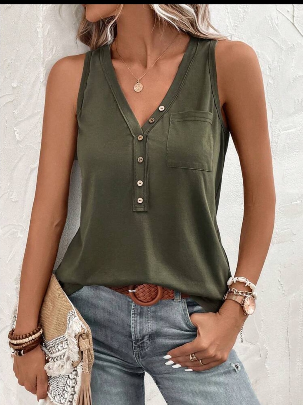 Emery Rose Womens Small Tank Top Army Green V-Neck Pocket Tank Top